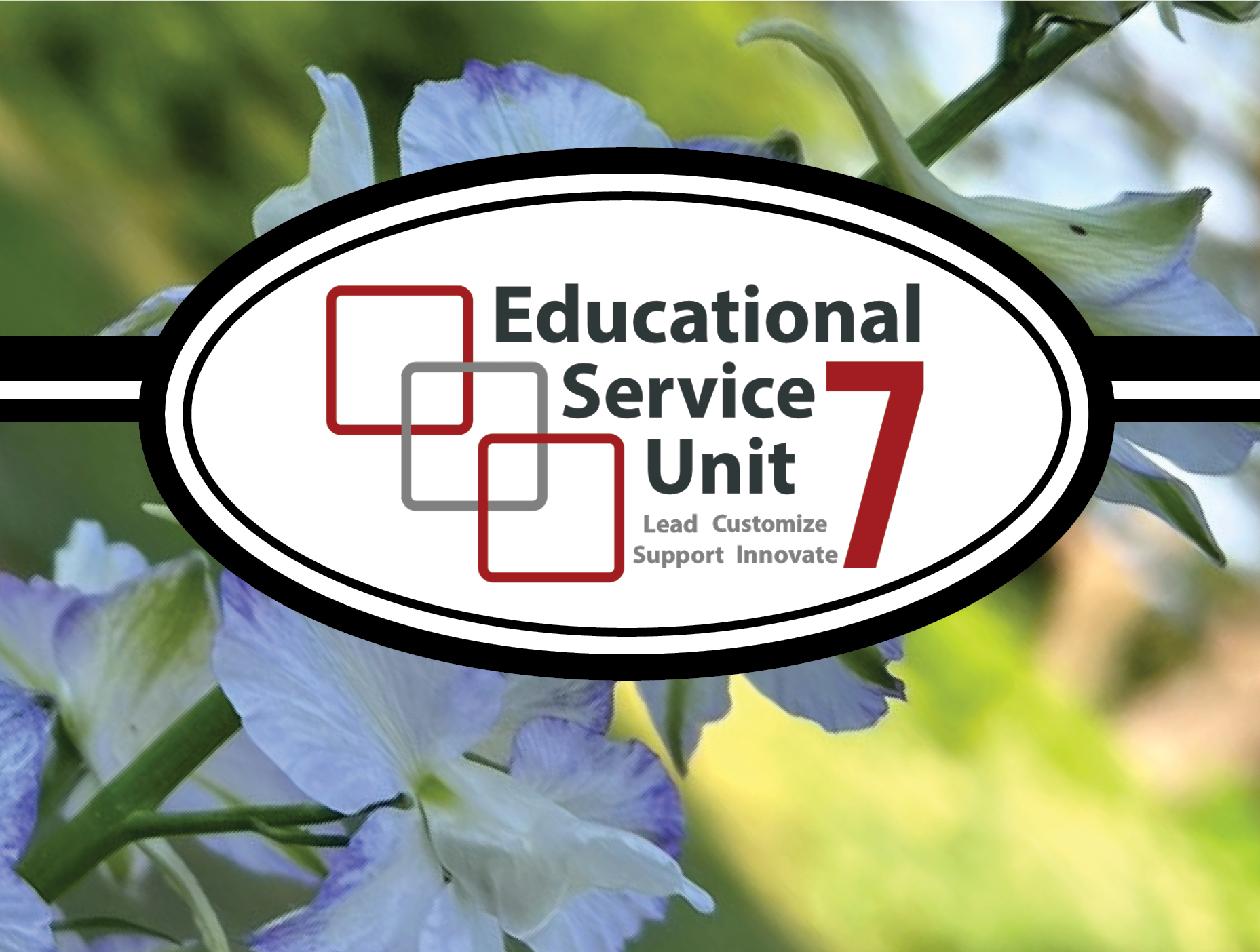 Decorative image with Educational Service Unit 7 logo centered over a soft-focus background of purple and white flowers.