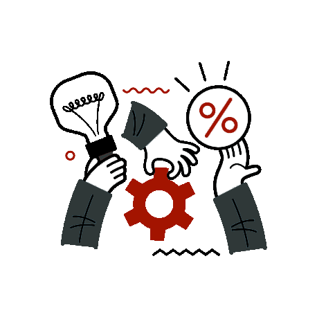 Stylized graphic of hands presenting a lightbulb and a percentage icon, with a red gear beneath, symbolizing ideas, savings, and additional benefits or services.
