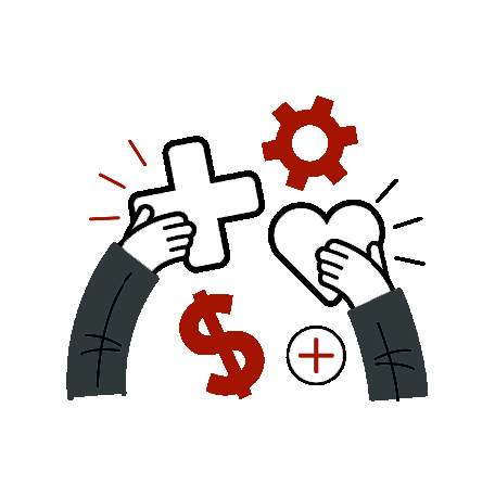 Stylized graphic of hands holding a white medical cross and a heart, with surrounding icons such as a red dollar sign, gear, and medical symbol, representing healthcare, funding, and system support.