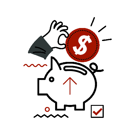 An icon depicting a hand dropping a red coin with a white dollar sign into a piggy bank that features a red upward-pointing arrow inside, accompanied by decorative squiggles and a checkbox with a red checkmark.