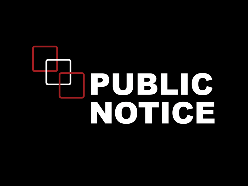 Graphic with black background featuring the words “Public Notice” in large white letters, accompanied by overlapping red and white outlined squares on the left.